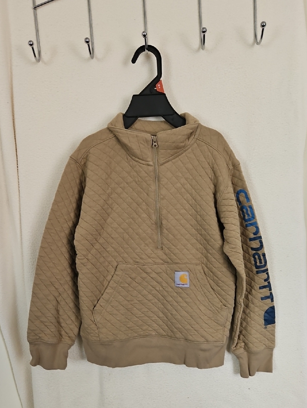Carhartt Quilted Half-Zip Pullover in Tan with Blue Sleeve Logo